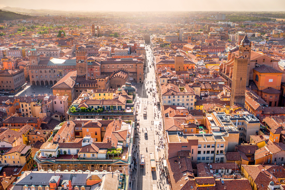 Aerial cityscape view from the tower on Bologna old town in Italy